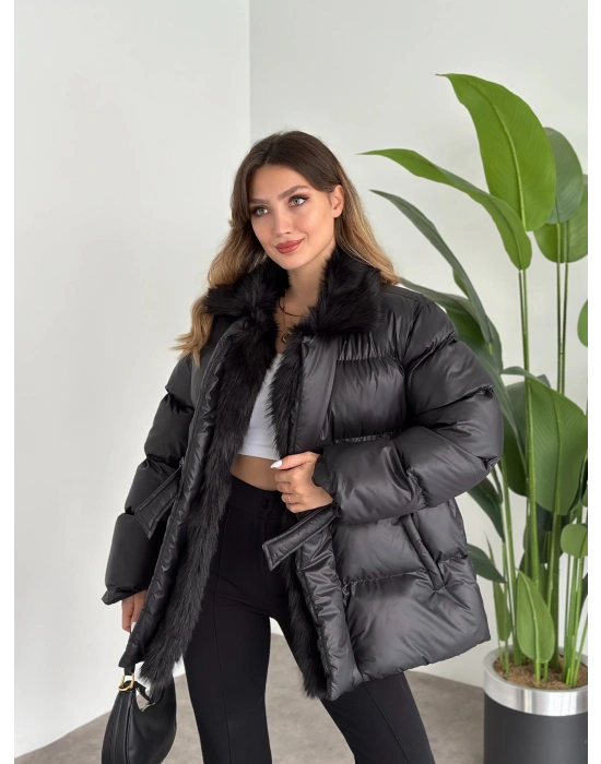 Premium kürk detaylı bağlamalı şişme mont siyah