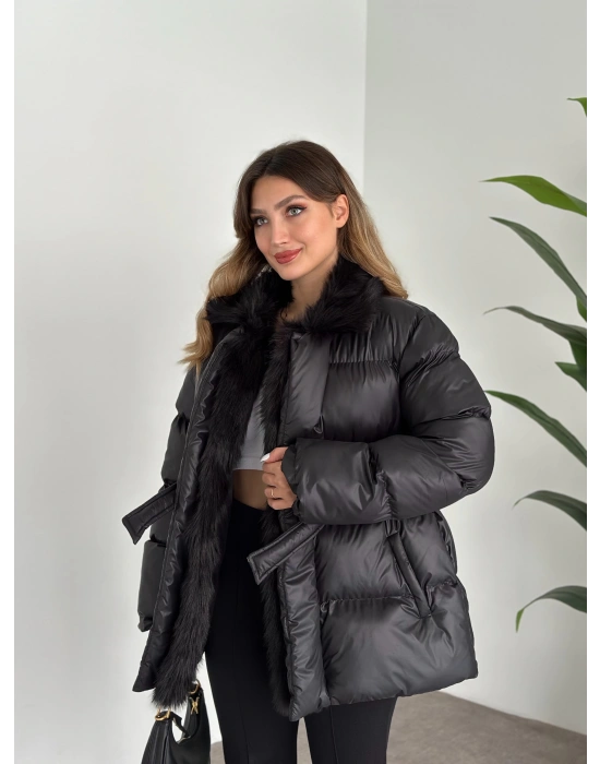 Premium kürk detaylı bağlamalı şişme mont siyah