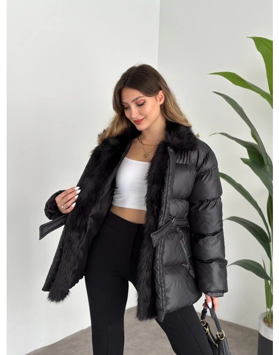 Premium kürk detaylı bağlamalı şişme mont siyah