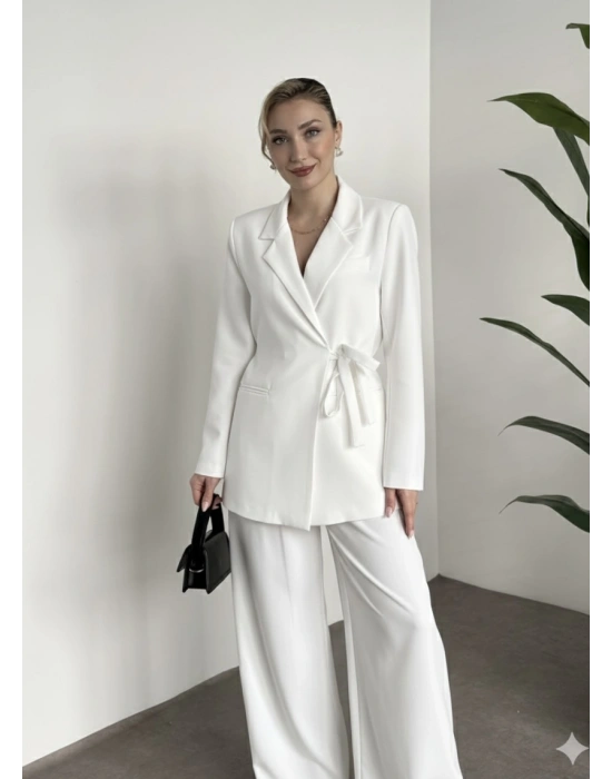 Premium yandan bağlama detaylı double kumaş takım beyaz