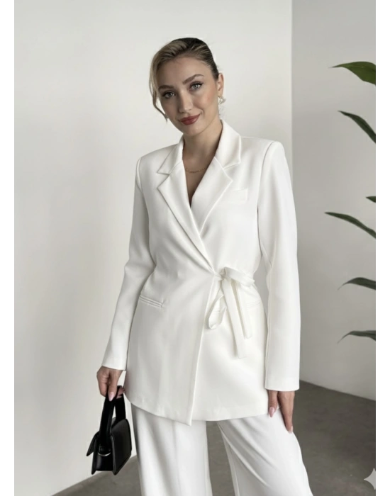 Premium yandan bağlama detaylı double kumaş takım beyaz