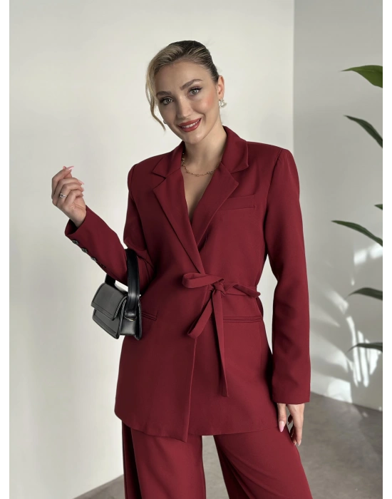 Premium yandan bağlama detaylı double kumaş takım bordo