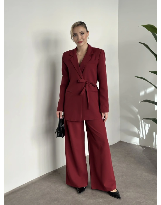 Premium yandan bağlama detaylı double kumaş takım bordo