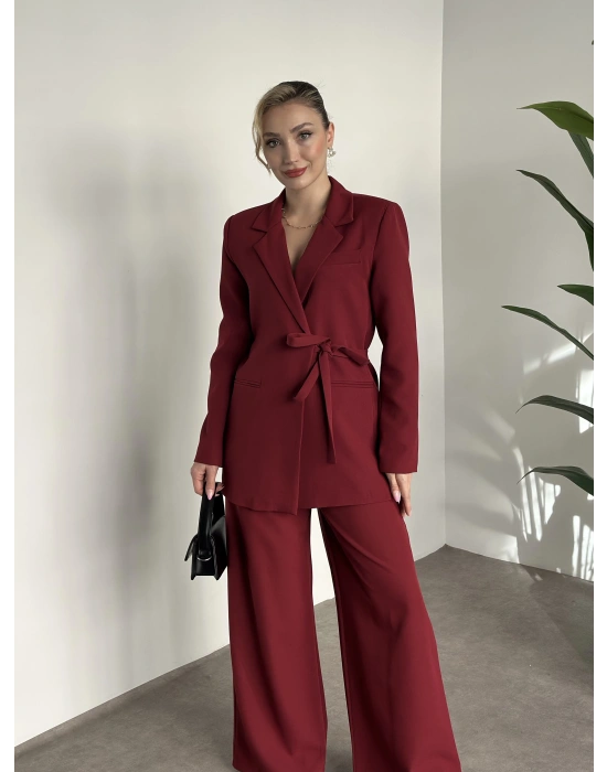 Premium yandan bağlama detaylı double kumaş takım bordo