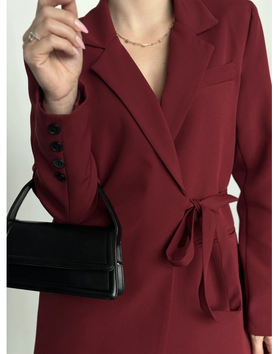 Premium yandan bağlama detaylı double kumaş takım bordo