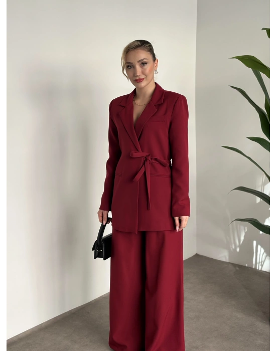 Premium yandan bağlama detaylı double kumaş takım bordo