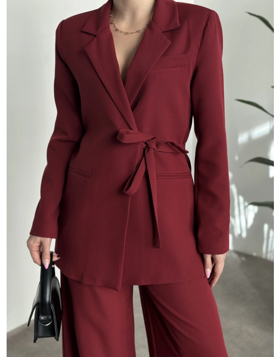 Premium yandan bağlama detaylı double kumaş takım bordo