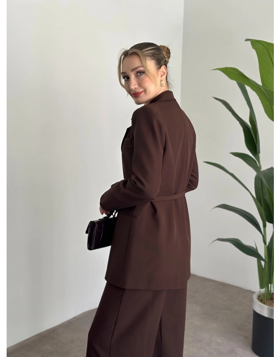 Premium yandan bağlama detaylı double kumaş takım kahve