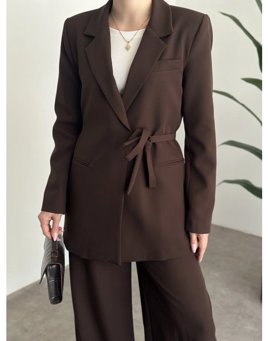 Premium yandan bağlama detaylı double kumaş takım kahve