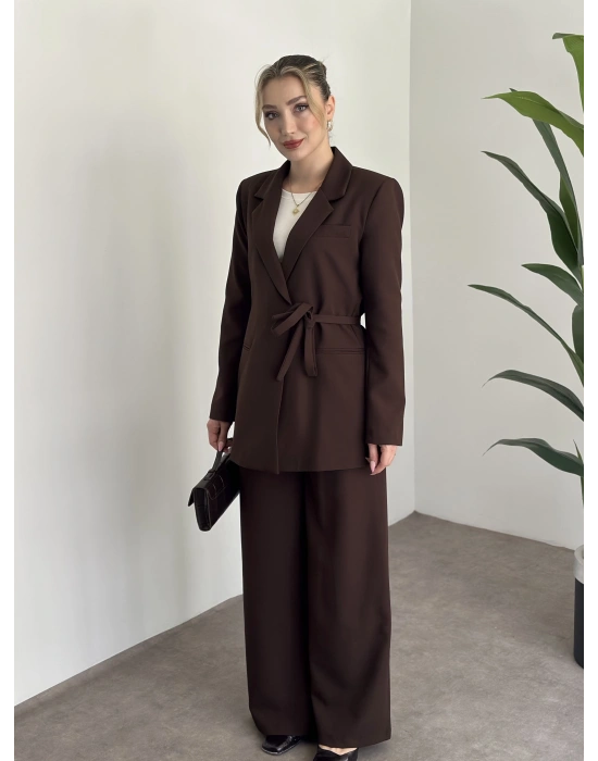 Premium yandan bağlama detaylı double kumaş takım kahve