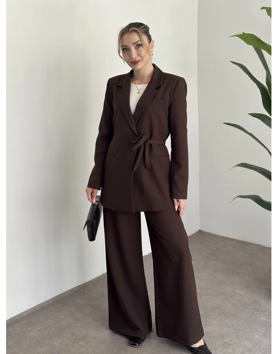 Premium yandan bağlama detaylı double kumaş takım kahve