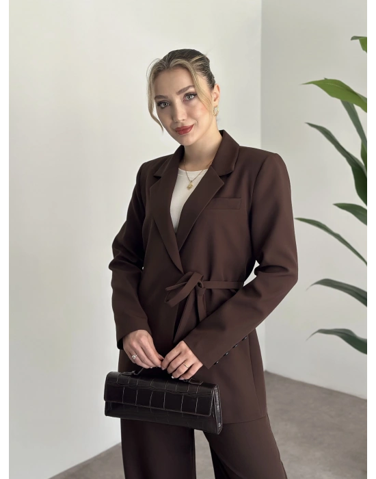 Premium yandan bağlama detaylı double kumaş takım kahve