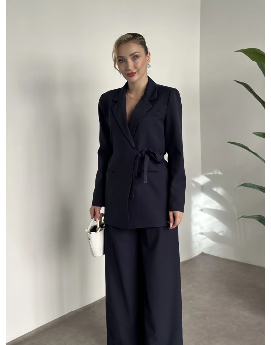 Premium yandan bağlama detaylı double kumaş takım lacivert