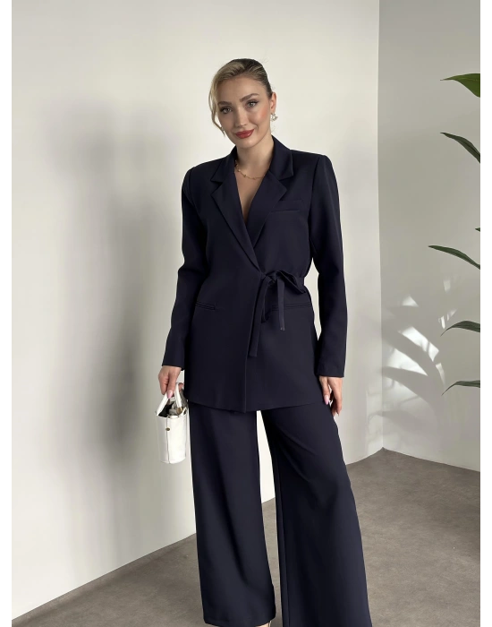 Premium yandan bağlama detaylı double kumaş takım lacivert