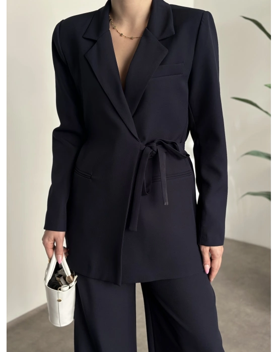 Premium yandan bağlama detaylı double kumaş takım lacivert