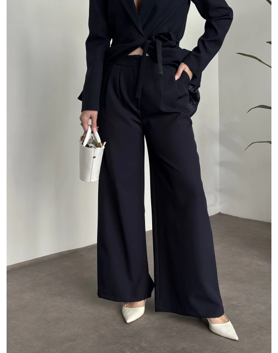 Premium yandan bağlama detaylı double kumaş takım lacivert