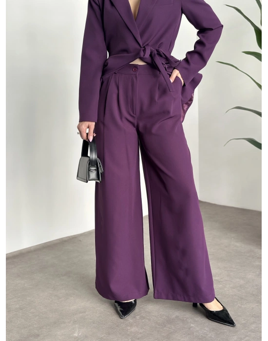 Premium yandan bağlama detaylı double kumaş takım mürdüm