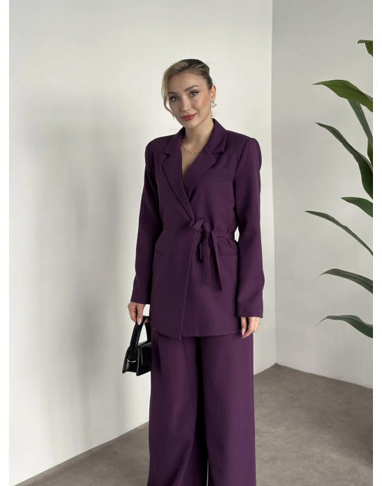 Premium yandan bağlama detaylı double kumaş takım mürdüm