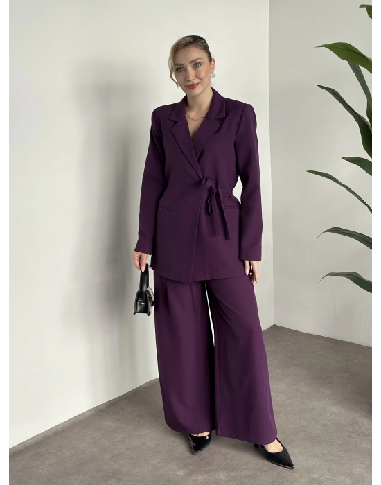 Premium yandan bağlama detaylı double kumaş takım mürdüm