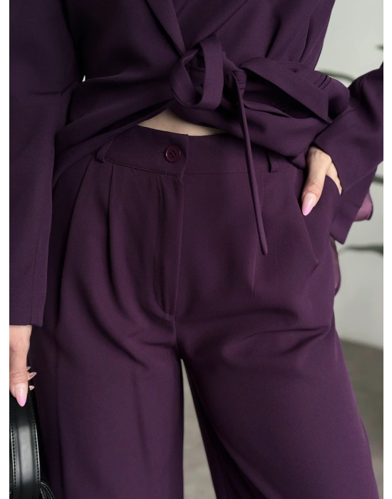 Premium yandan bağlama detaylı double kumaş takım mürdüm