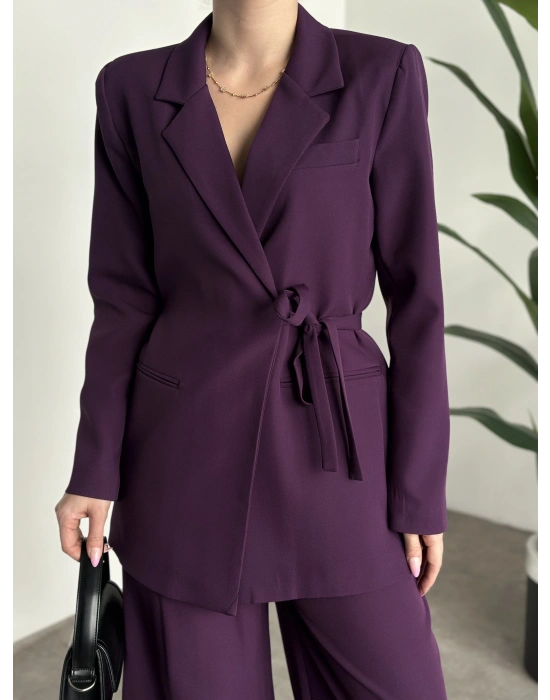 Premium yandan bağlama detaylı double kumaş takım mürdüm