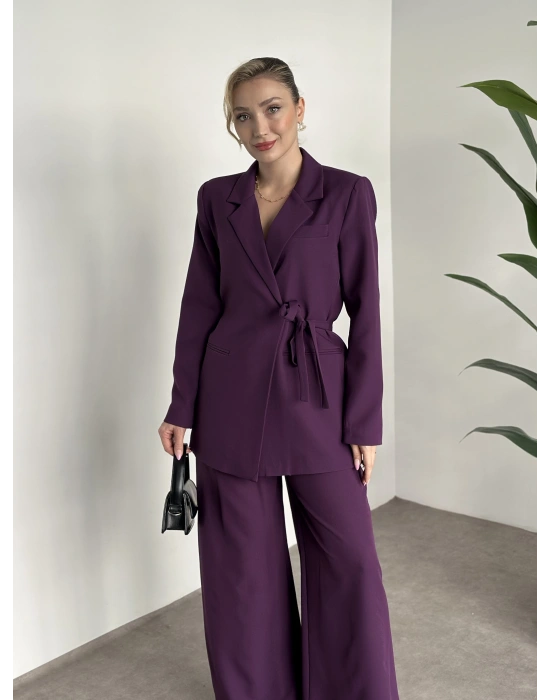 Premium yandan bağlama detaylı double kumaş takım mürdüm