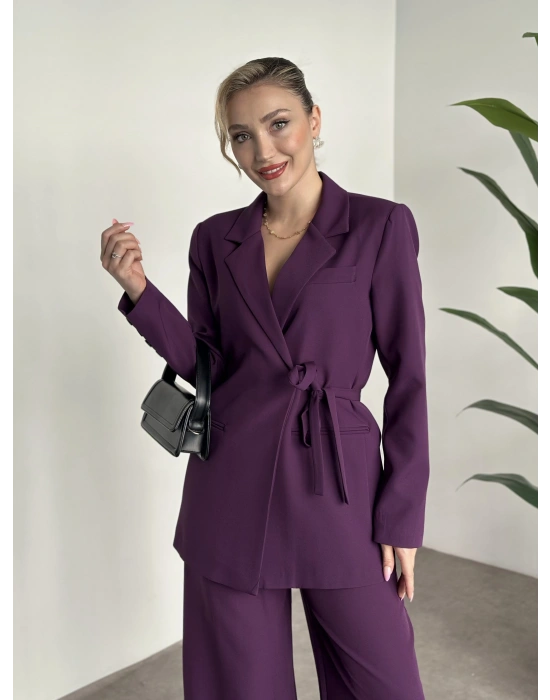 Premium yandan bağlama detaylı double kumaş takım mürdüm