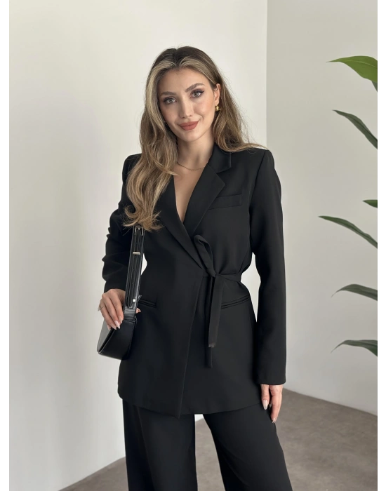 Premium yandan bağlama detaylı double kumaş takım siyah