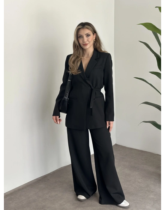 Premium yandan bağlama detaylı double kumaş takım siyah