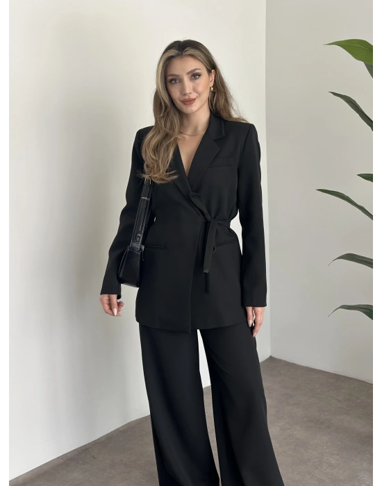 Premium yandan bağlama detaylı double kumaş takım siyah