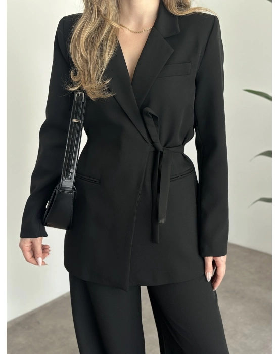 Premium yandan bağlama detaylı double kumaş takım siyah