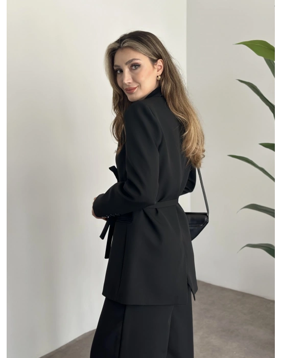 Premium yandan bağlama detaylı double kumaş takım siyah