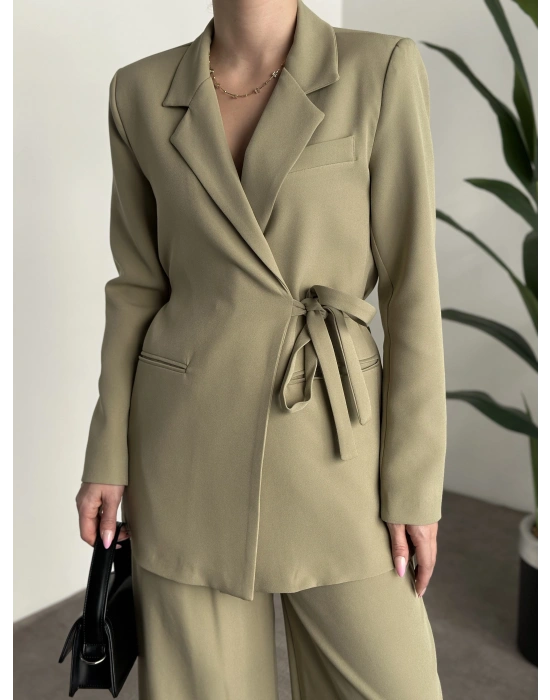 Premium yandan bağlama detaylı double kumaş takım yeşil