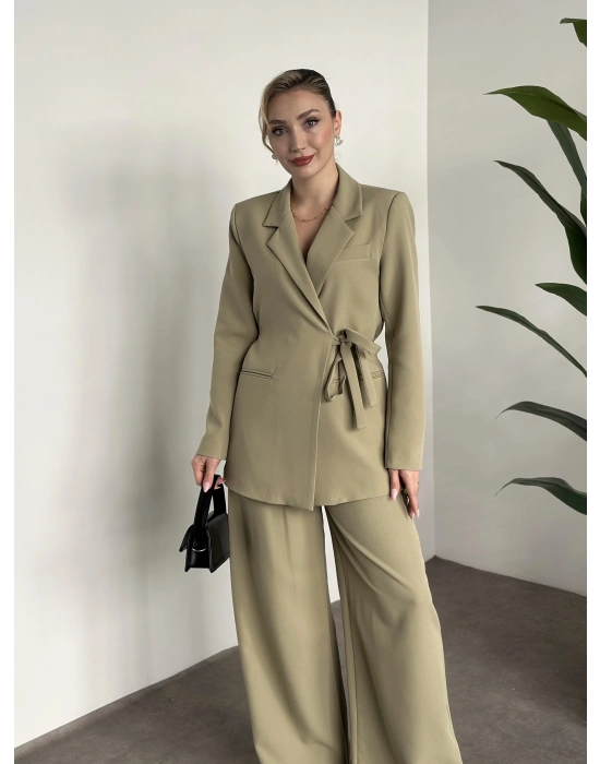 Premium yandan bağlama detaylı double kumaş takım yeşil
