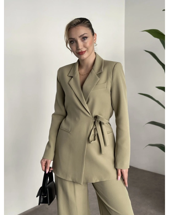 Premium yandan bağlama detaylı double kumaş takım yeşil