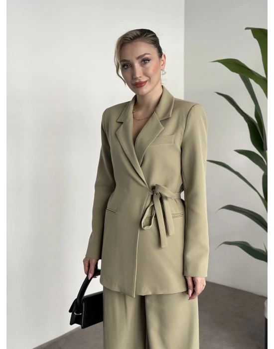 Premium yandan bağlama detaylı double kumaş takım yeşil