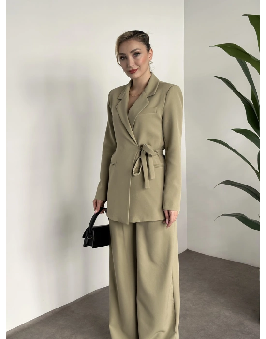 Premium yandan bağlama detaylı double kumaş takım yeşil