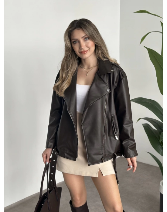 Rahat kesim astarlı çapraz fermuarlı deri mont kahve