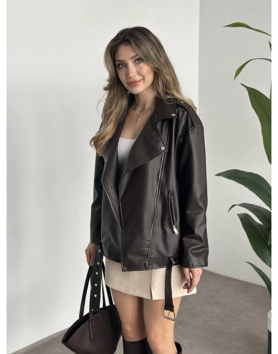 Rahat kesim astarlı çapraz fermuarlı deri mont kahve