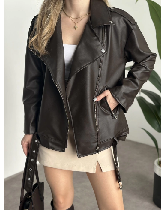 Rahat kesim astarlı çapraz fermuarlı deri mont kahve