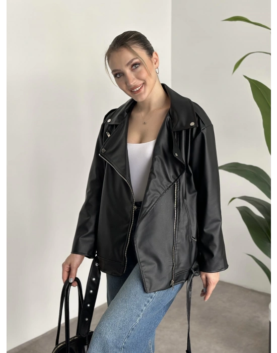 Rahat kesim astarlı çapraz fermuarlı deri mont siyah