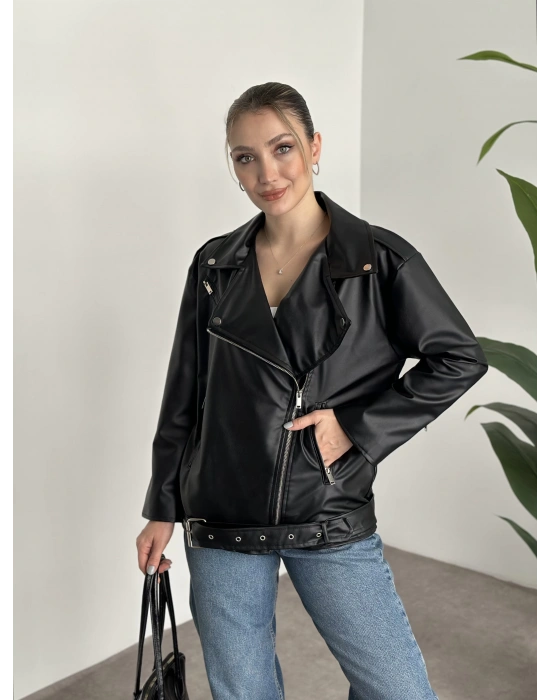 Rahat kesim astarlı çapraz fermuarlı deri mont siyah