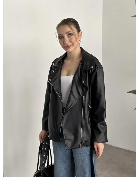 Rahat kesim astarlı çapraz fermuarlı deri mont siyah