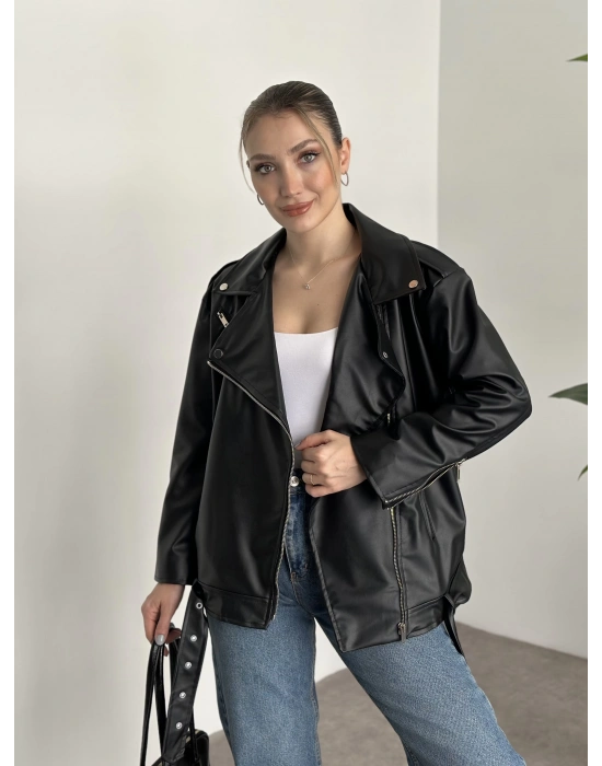 Rahat kesim astarlı çapraz fermuarlı deri mont siyah