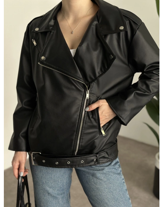 Rahat kesim astarlı çapraz fermuarlı deri mont siyah