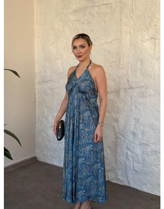 Sahara sırt dekolteli paisley maxi elbise mavi