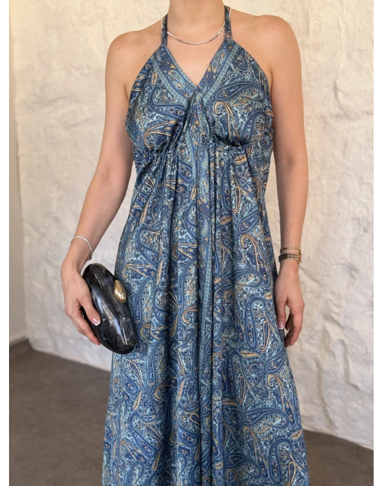 Sahara sırt dekolteli paisley maxi elbise mavi