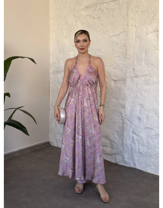 Sahara sırt dekolteli paisley maxi elbise pembe