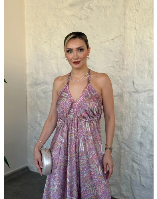 Sahara sırt dekolteli paisley maxi elbise pembe