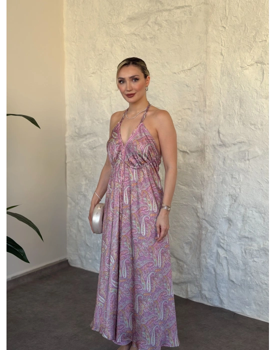 Sahara sırt dekolteli paisley maxi elbise pembe